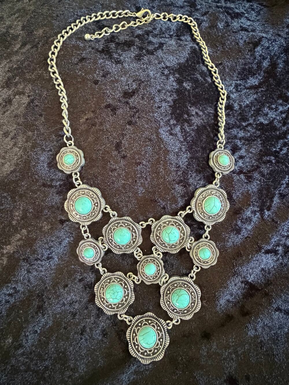 Turquoise Color Medallion Bib Necklace Silver Tone Southwestern Boho Statement